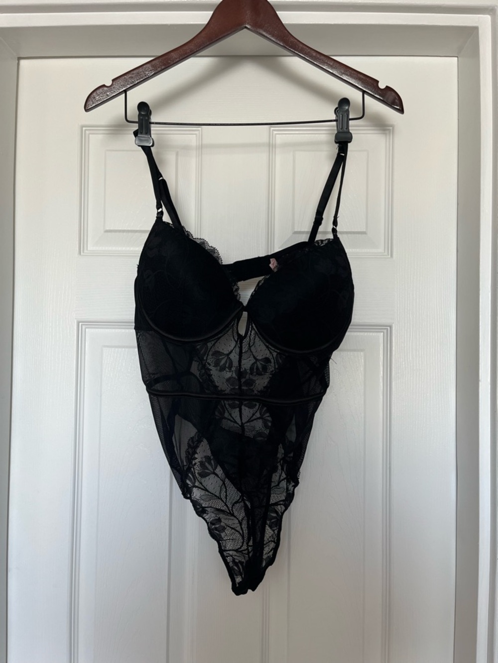 La Vie En Rose Black Lace Mesh Bodysuit with Underwire Cups